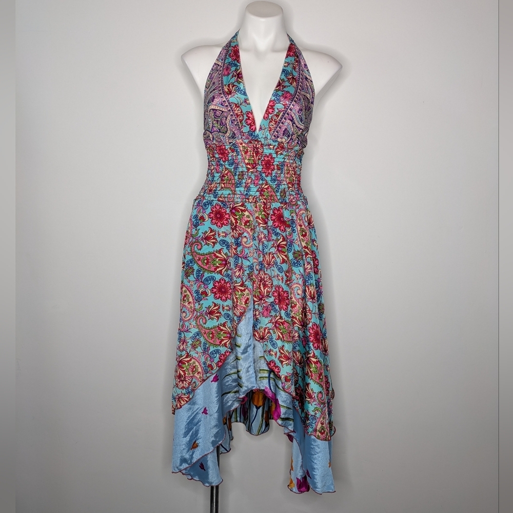 Wevez Blue Purple Red Paisley Floral Silk Tie Halter V Neck Handkerchief Dress